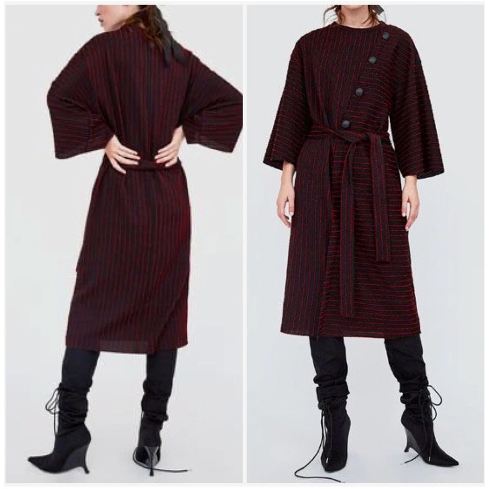 Zara Women's Red Black Striped Belted‎ Minimalist Kimono Sleeve Dress Sz Small